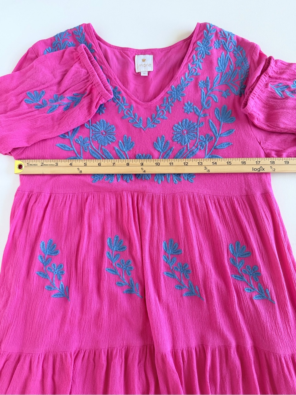 J.Marie Madeline Hot Pink Blue Embroidered Tiered Boho Mini Dress V-Neck M - Picture 5 of 12